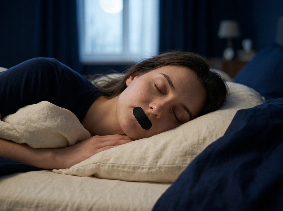 Woman sleeping peacefully in bed wearing a Drift Easy mouth tape strip