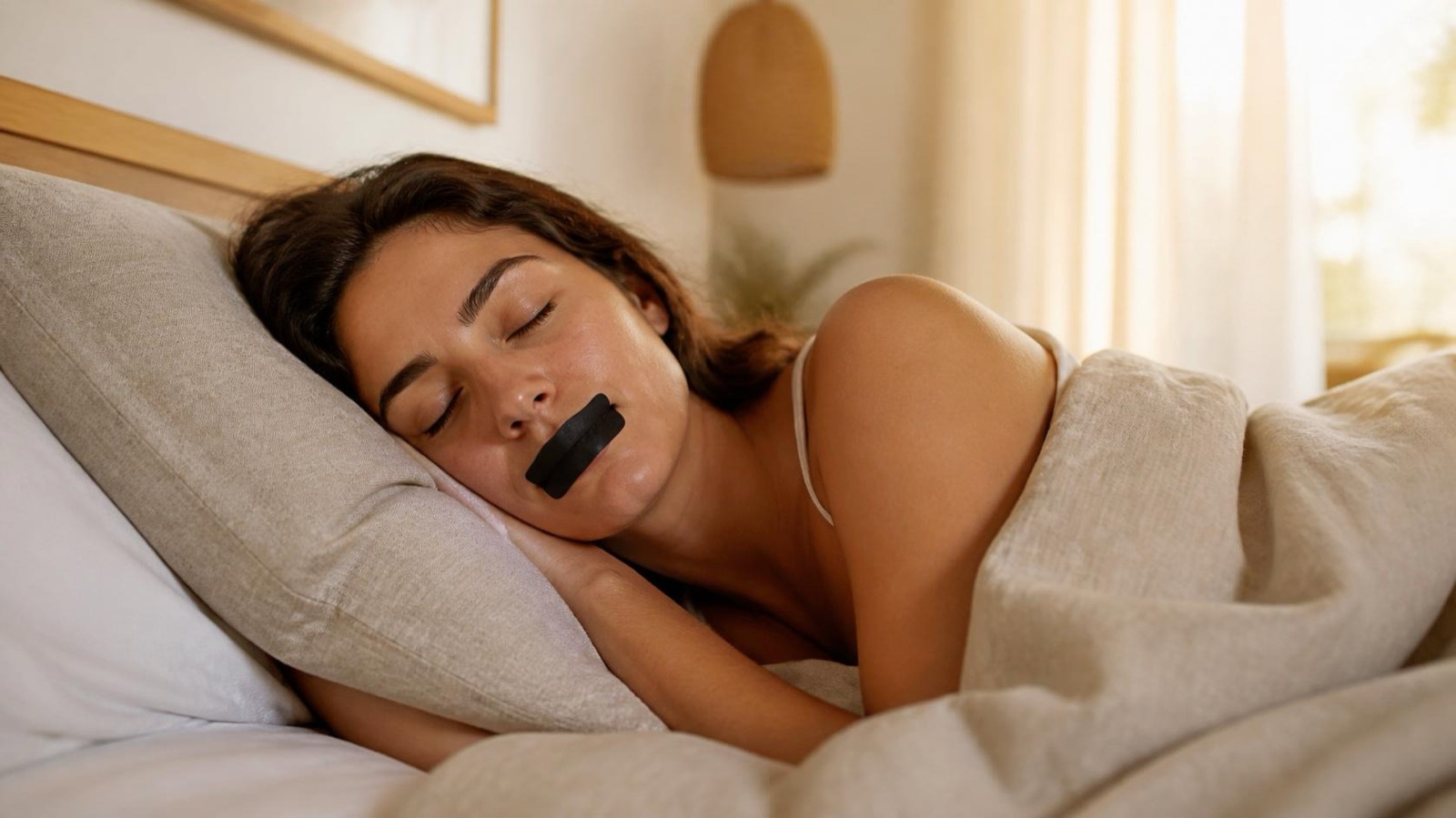 Woman sleeping peacefully in bed wearing a mouth tape strip