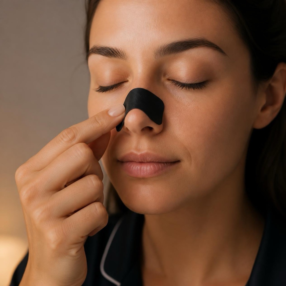 Close-up of a nose tape strip being applied across the bridge of the nose