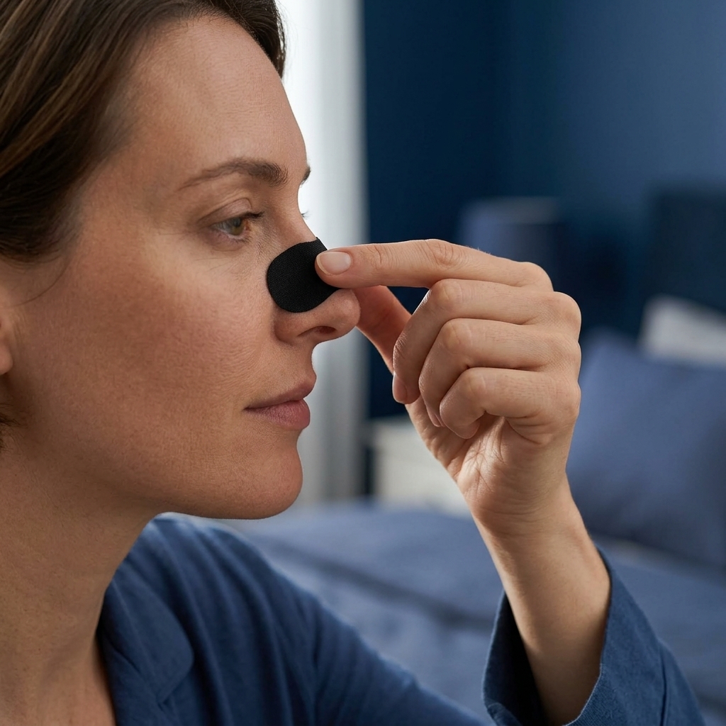 Woman applying a Drift Easy Nose Tape strip across the bridge of her nose before bed