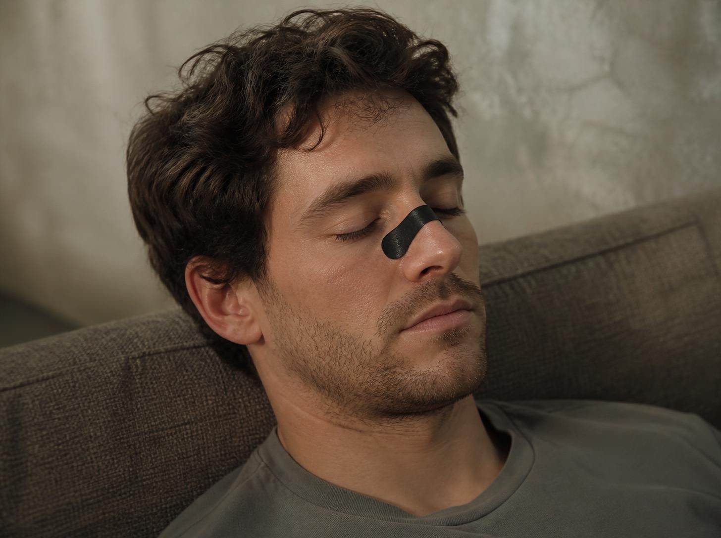 Man resting peacefully wearing a Drift Easy nose tape strip