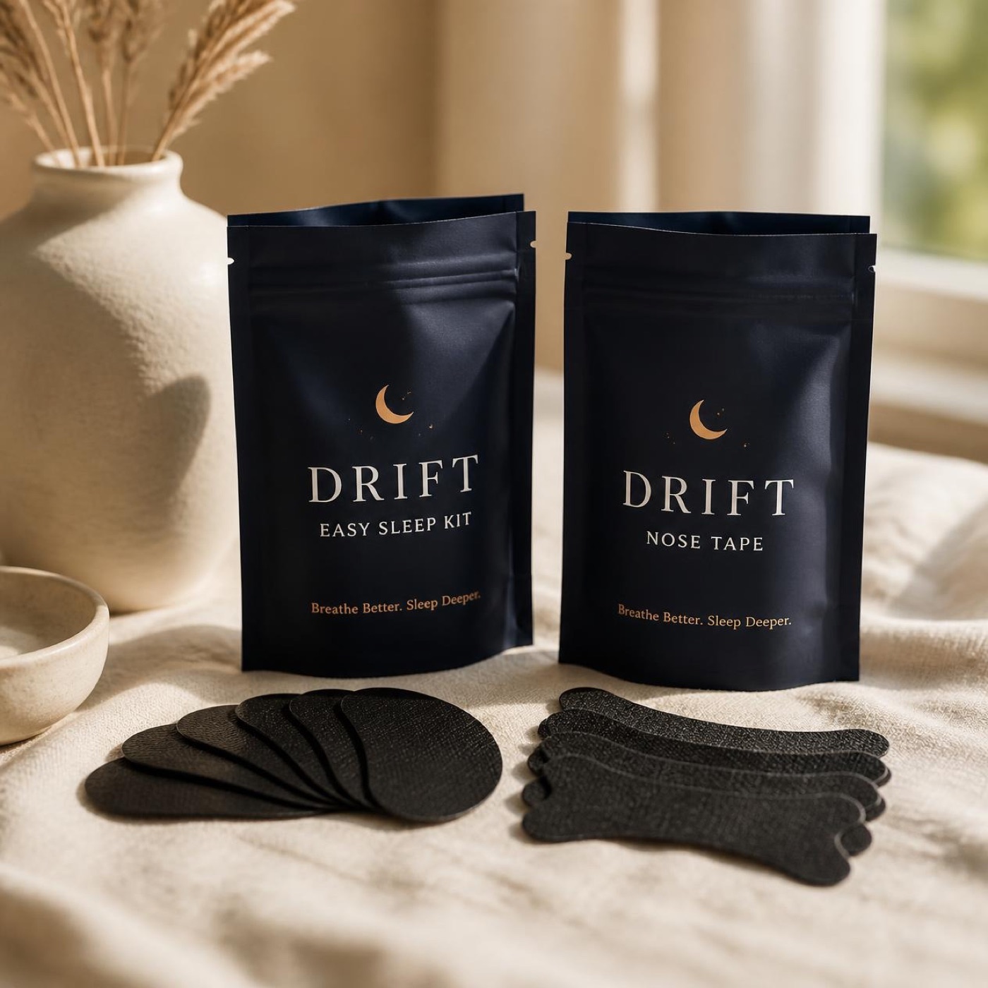 Drift Easy Mouth Tape and Nose Tape pouches styled together on a linen tablescape